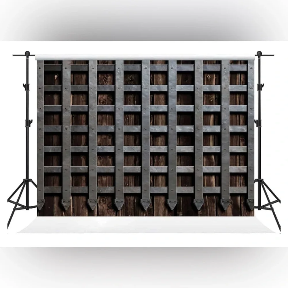 Medieval Wooden Castle Door Backdrop , 5 x 7, Greek Style Art Design Iron Gate